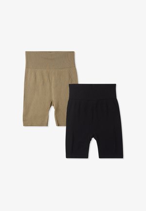 Due paia di pantaloni corti a costine: uno in khaki con una vita alta, l'altro in nero. Entrambi presentano un taglio al ginocchio e una texture liscia.