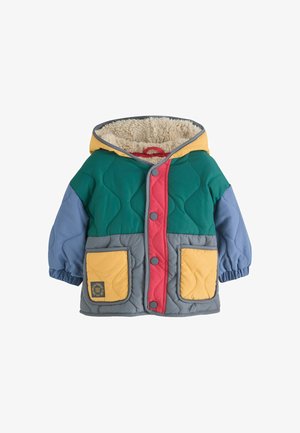 Child’s color-blocked winter jacket with hood, snap buttons, two yellow front pockets, and soft beige fleece lining inside the hood.