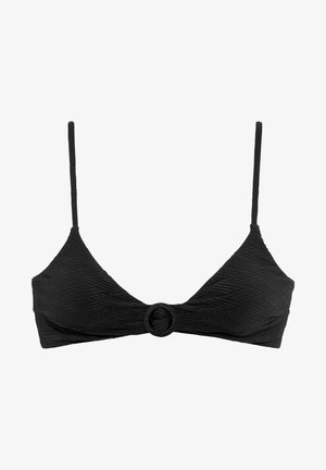 Bandeau noir avec un motif chevron texturé, bonnets triangulaires, fines bretelles et un détail circulaire au centre.