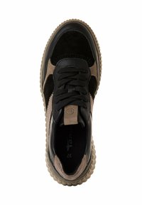 Black leather and beige suede sneaker with textured rubber sole, round toe, and lace-up closure. Features logo tag on the heel.