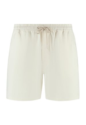 Pantalones cortos de color beige claro hechos de tela texturizada, que presentan una cinturilla elástica con cordón y un ajuste relajado.