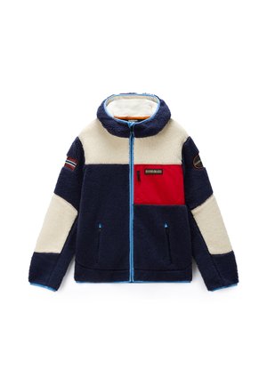 Veste polaire avec blocs de couleur marine, crème et rouge, fermeture éclair à l'avant, col montant, poche poitrine zippée et deux poches latérales.