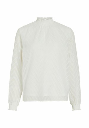 Weiße Bluse mit langen Ärmeln, Chevron-Struktur, hohem Rüschenkragen, elastischen Bündchen und Knopfverschluss auf der Rückseite.