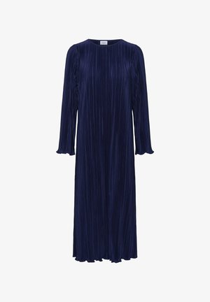 Tumesinine volditud kleit pikkade varrukatega ja ümmarguse kaelusega. Omab tekstureeritud kangast ja laienevaid varrukaotsi. Sujuv siluett.