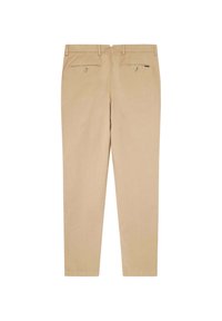 Beige broek van katoen, met een slim fit, vier zakken en ceintuurlussen, met twee achterzakken en knoopdetails.
