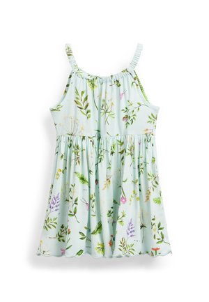 Lichtblauw mouwloos jurkje met bloemenpatroon, geplooide taille, elastische banden en een uitlopende rok. Gemaakt van zachte, lichte stof.