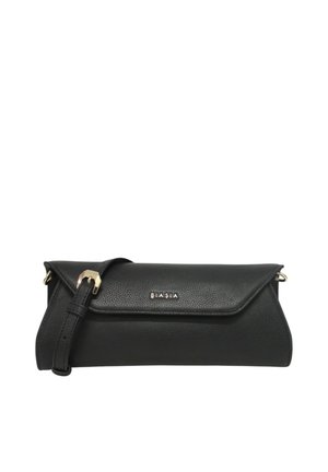 Pochette rettangolare in pelle nera con patta, tracolla regolabile e fibbia dorata, marchiata "BIASIA" al centro davanti.