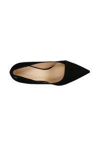 Décolleté nera in suede con punta affusolata e design a taglio basso, superficie liscia e interno color cammello. Presenta un branding minimale sulla soletta.