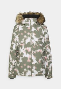 Tarnmuster-Jacke in Grün, Pink und Weiß. Verfügt über eine mit Fell gefütterte Kapuze, einen Reißverschluss vorne und seitliche Taschen. Weicher, strukturierter Stoff.