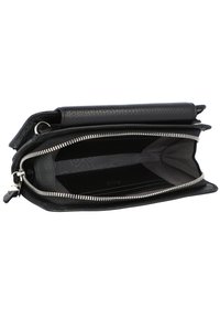 Black leather wallet with a textured finish, zip closure, and an interior featuring card slots and a lined compartment.