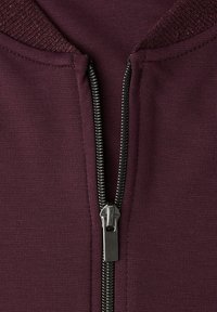 Bordeauxrode jas met ritssluiting en geribde kraag. Voorzien van een metalen ritssluiting en een gestructureerde stof. Strak ontwerp zonder extra patronen.