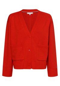 Czerwony, dziany kardigan z dekoltem w serek, dwoma przednimi kieszeniami i zapięciem na guziki. Żebrowane wykończenie dolnej części i mankietów rękawów podkreśla fakturowany design.
