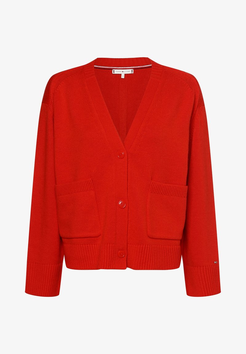 Red knitted cardigan with a V-neck, two front pockets, and button closure. Ribbed hem and sleeve cuffs enhance the textured design.