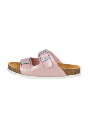 Pink leather sandals with two adjustable silver buckles, cork footbed, and white rubber sole, featuring a minimalist design.
