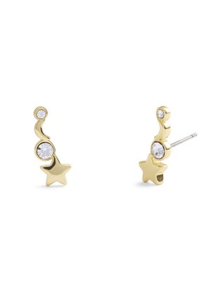 Boucles d'oreilles en métal doré en forme d'étoile avec un design incurvé, ornées de pierres taillées transparentes pour plus de détails et d'éclat.