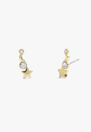 Boucles d'oreilles en métal doré en forme d'étoile avec un design incurvé, ornées de pierres taillées transparentes pour plus de détails et d'éclat.