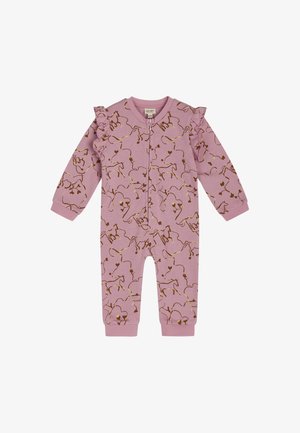 Pink onesie with ruffled shoulders, featuring brown abstract animal and line patterns, long sleeves, and a front zipper closure.