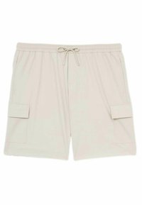 Beige cargo shorts med elastisk linning og snor, med to sidelommer. Glat tekstur med en afslappet pasform.