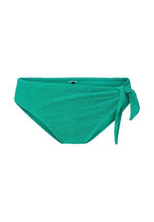 Mutandina da bikini turchese realizzata in tessuto texturizzato, con dettaglio laterale annodato e vita liscia. Forma classica con copertura media.