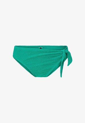 Tyrkysové spodné plavky vyrobené z textúrovanej látky, s viazaním na boku a hladkým pásom. Klasický strih s stredným zakrytím.
