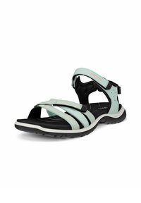 Light teal and black sandals with multiple straps, a cushioned footbed, and a textured rubber sole. Adjustable fastening for secure fit.