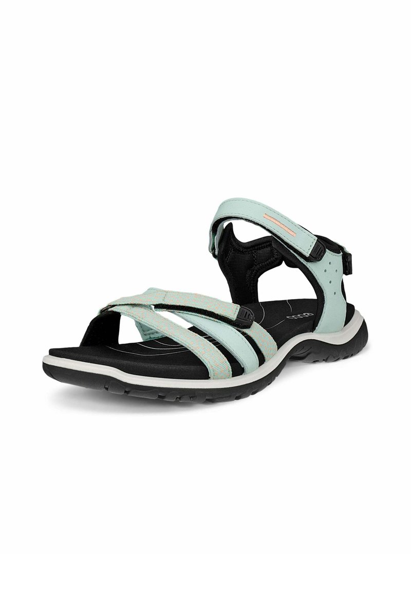 Helle Teal- und schwarze Sandalen mit mehreren Riemen, einem gepolsterten Fußbett und einer strukturierten Gummisohle. Verstellbarer Verschluss für einen sicheren Sitz.