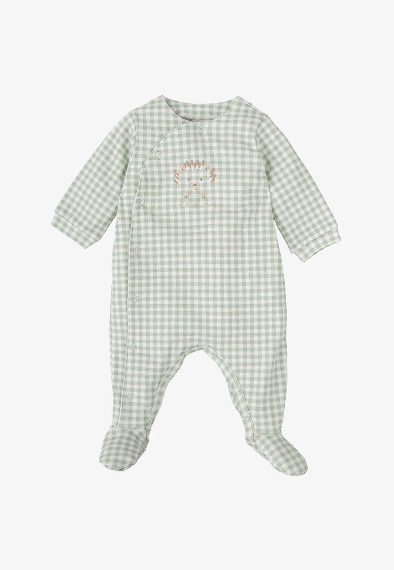 Un body de cuadros verdes y blancos con mangas largas, cierres a presión y diseño con pies; presenta un motivo bordado de erizo.