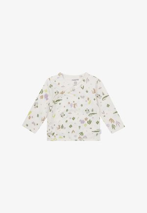 White long-sleeve top with a wrap design, featuring colorful nature-themed prints, including flowers, animals, and greenery. Soft, cotton fabric.