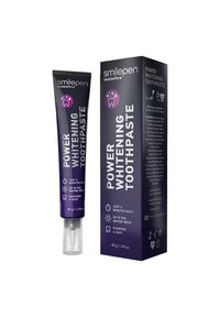 Tubetto viola di dentifricio sbiancante con un tappo bianco, posizionato accanto a una scatola abbinata con testo bianco e iconografia dentale.