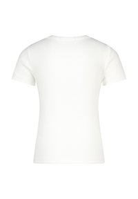 White, short-sleeved T-shirt made of ribbed fabric. Features a classic round neckline and a fitted silhouette. Plain design with no patterns.
