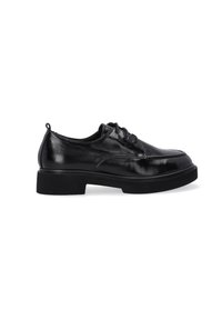 Schwarze Leder Schnürschuhe mit glänzender Oberfläche, runder Spitze und dicker schwarzer Sohle. Besitzen eine Nahtdetail über der Vorderseite.