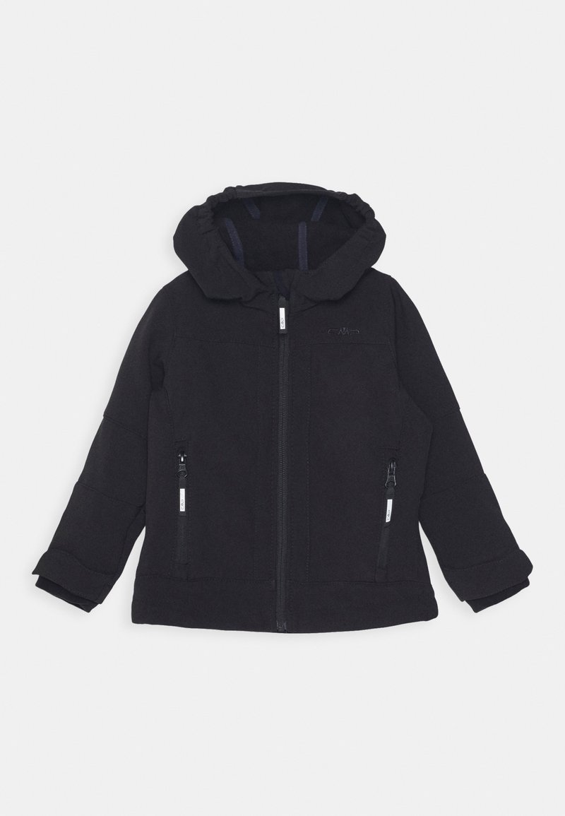Veste en polaire noire avec capuche, fermeture éclair frontale et deux poches latérales zippées. Elle présente une texture lisse et des poignets ajustables.