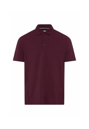 Burgundy polo shirt made of cotton, featuring short sleeves, a classic collar, and three button placket. Smooth, even texture.