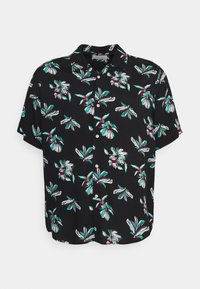 Chemise noire à manches courtes avec un motif floral en blanc, bleu sarcelle et bordeaux, dotée d'un col classique et d'une fermeture par boutons.