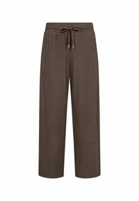 Bruine wijde broek met elastische tailleband en trekkoord, gemaakt van zachte, gestructureerde stof, weergegeven op een witte achtergrond.