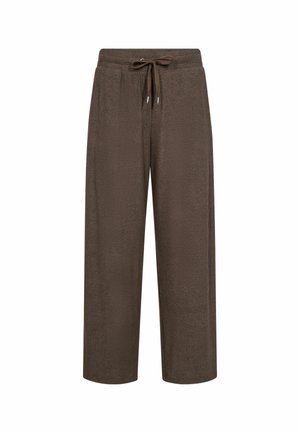 Brown wide-leg pants with elastic waistband and drawstring, made of soft, textured fabric, displayed on a white background.