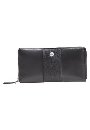 Portefeuille en cuir noir avec une finition lisse et texturée. Il possède un logo argenté central et une fermeture zippée sur un bord.