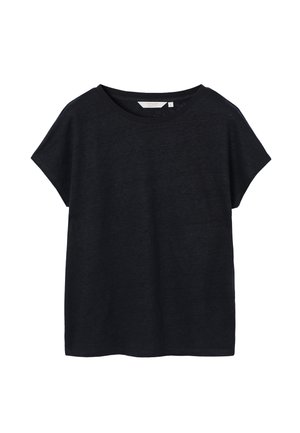 Schwarzes T-Shirt mit kurzen Ärmeln und Rundhalsausschnitt, locker geschnitten, aus weichem Stoff, vor weißem Hintergrund dargestellt.