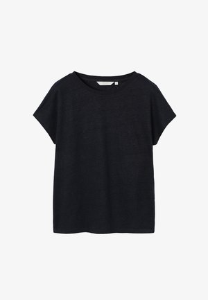 Czarny T-shirt z krótkim rękawem i okrągłym dekoltem, o luźnym kroju, wykonany z miękkiego materiału, przedstawiony na białym tle.