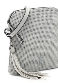 Borsa a tracolla perforata grigia con un design elegante, dotata di un lungo pompon, tracolla regolabile e dettagli di cucitura discreti. Chiusura con zip sulla parte superiore.