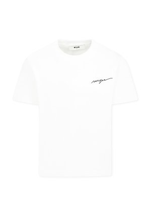 T-shirt bianca in cotone con maniche corte, scollatura rotonda e logo cursivo nero sul lato sinistro del petto. Tessuto liscio, vestibilità standard.