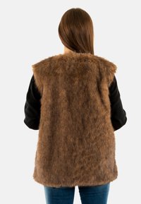 Gilet in pelliccia sintetica marrone con una texture morbida, con base in tessuto nero e design senza maniche, visto da dietro.