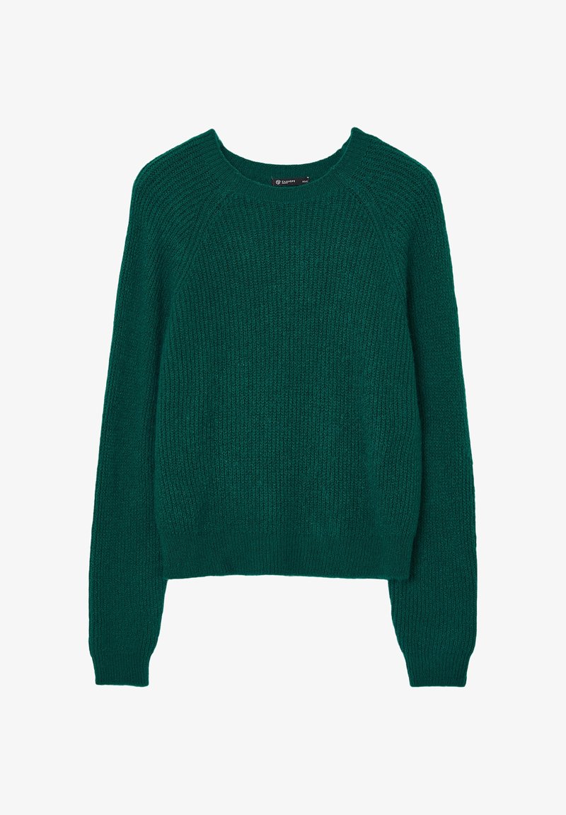 Grüner gestrickter Pullover mit weitem Rundhalsausschnitt, langen Raglanärmeln und strukturiertem Oberflächenmaterial. Kurze Länge mit gerippten Bündchen und Saum.