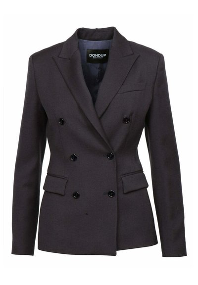 Blazer doppiopetto grigio scuro realizzato in tessuto testurizzato, con bottoni neri, due tasche frontali e revers appuntiti. Etichetta del marchio visibile.