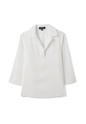 Blouse blanche à manches longues avec col et encolure en V, posée à plat sur un fond blanc.
