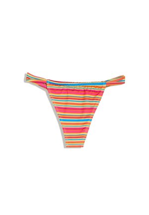 Multicolor gestreept bikinibroekje met horizontale roze, gele, blauwe en oranje strepen, met dunne zijbandjes.
