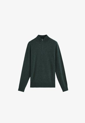Dark green, knitted pullover with a high collar and half-zip fastening. Long sleeves and a fitted design. Subtle brand logo on the chest.