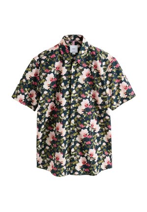 Short-sleeve button-up shirt with dark background and floral pattern featuring pink and white flowers with green leaves.