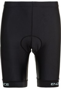 Pantalones cortos de ciclismo negros con un diseño ajustado, que cuentan con un área de asiento acolchada, una cintura elástica y el nombre de la marca "ENDURANCE" en azul claro en el dobladillo.