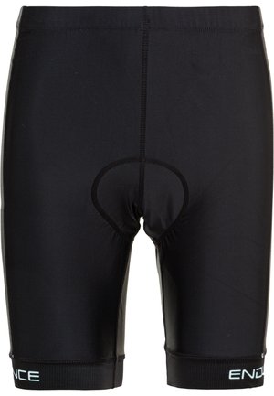 Pantalones cortos de ciclismo negros con un diseño ajustado, que cuentan con un área de asiento acolchada, una cintura elástica y el nombre de la marca "ENDURANCE" en azul claro en el dobladillo.
